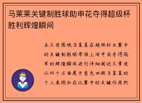 马莱莱关键制胜球助申花夺得超级杯胜利辉煌瞬间 马莱莱关键制胜球助申花夺得超级杯胜利辉煌瞬间