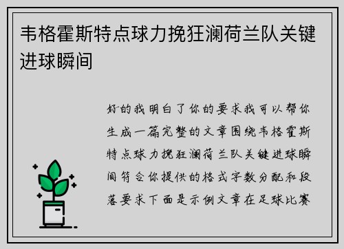 韦格霍斯特点球力挽狂澜荷兰队关键进球瞬间